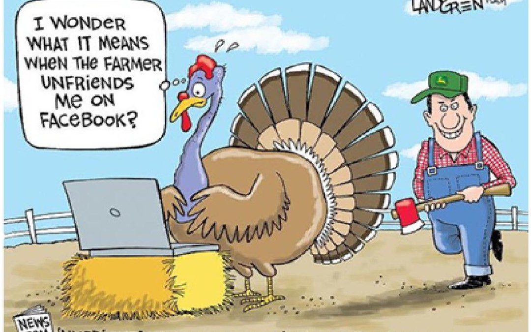 A cartoon of a farmer with a laptop and a turkey.