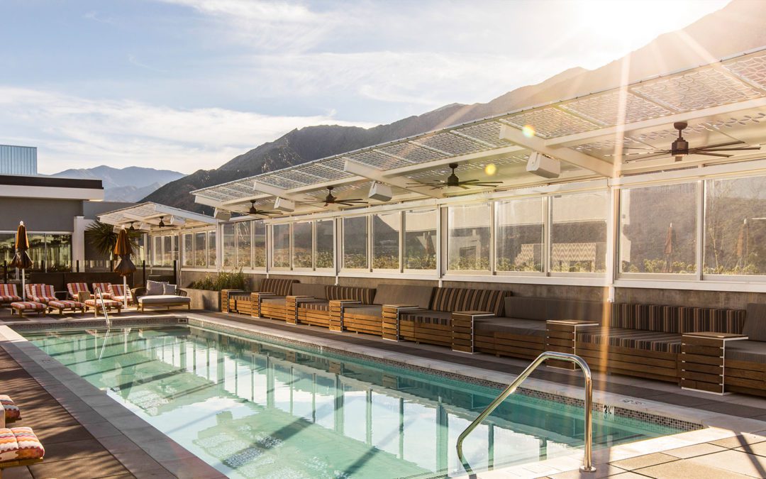 The rooftop pool & bar at the brand-new Rowan Kimpton Palm Springs.