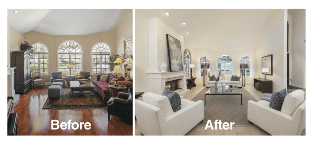 A before and after picture of a living room.
