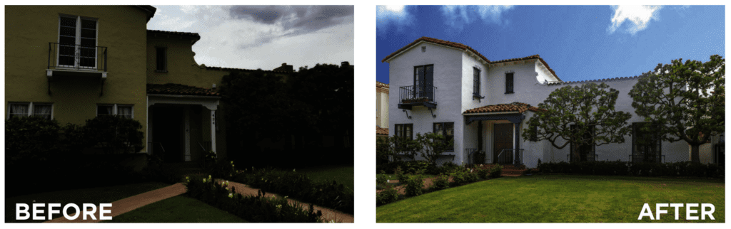 Two pictures of a house with the sky in the background.